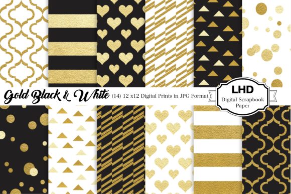 Gold Black White Digital Paper Patterns